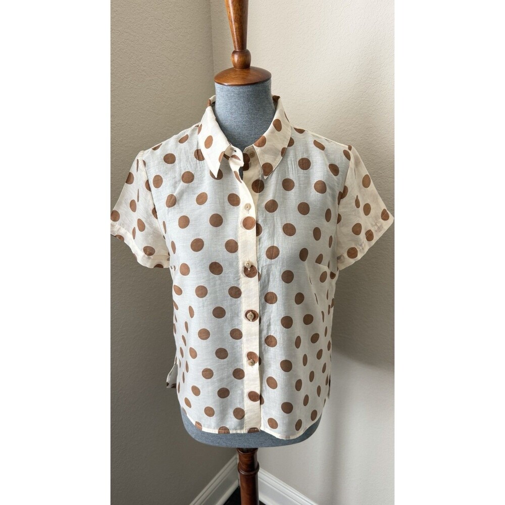 CAbi Women's Size Small Cream Brown Polka Dots Semi Sheer Spectator Shirt